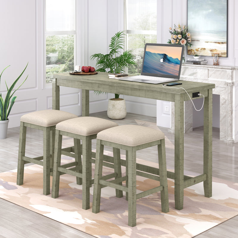 4 Pieces Counter Height Table with Fabric Padded Stools,Rustic Bar Dining Set with Socket