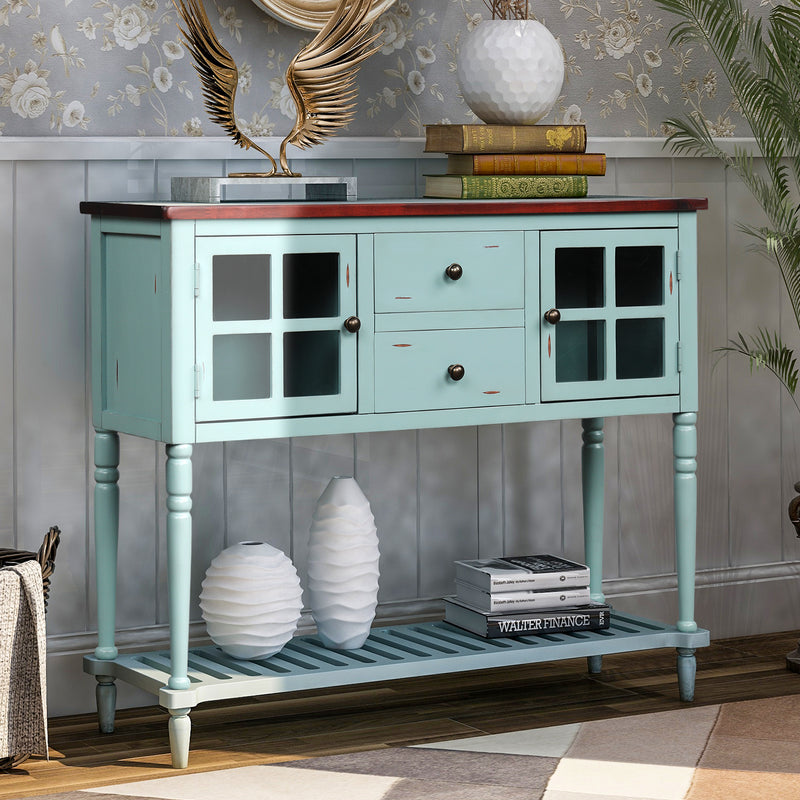 Sideboard Console Table with Bottom Shelf, Farmhouse Wood/Glass Buffet Storage Cabinet Living Room