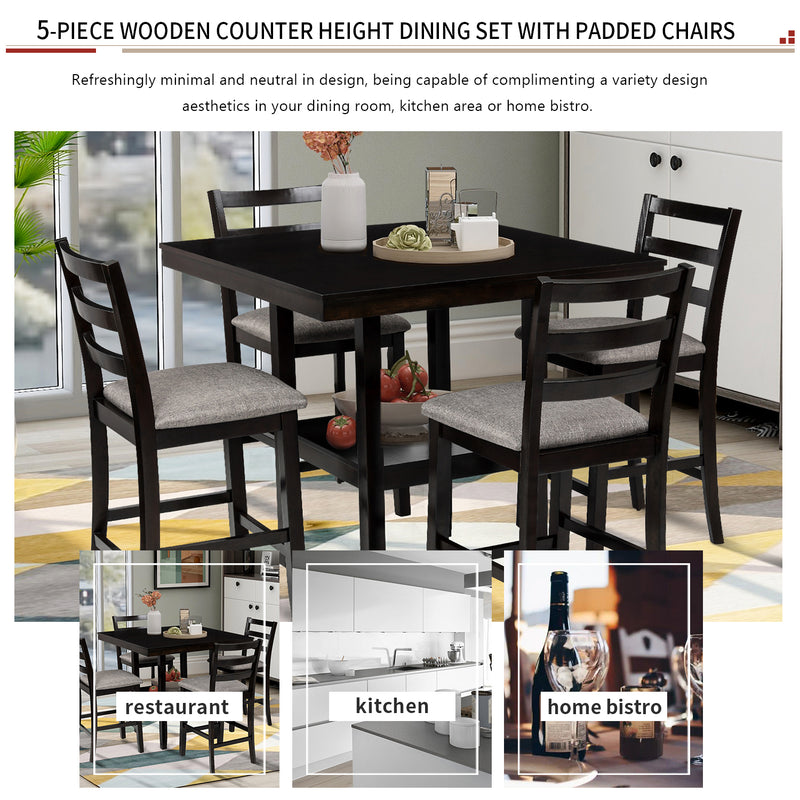 5-Piece Wooden Counter Height Dining Set with Padded Chairs and Storage Shelving, Espresso