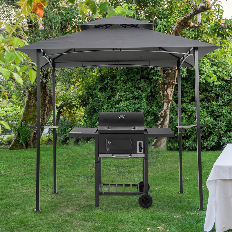 Outdoor Grill Gazebo 8 x 5 Ft, Shelter Tent, Double Tier Soft Top Canopy and Steel Frame with hook and Bar Counters, Grey