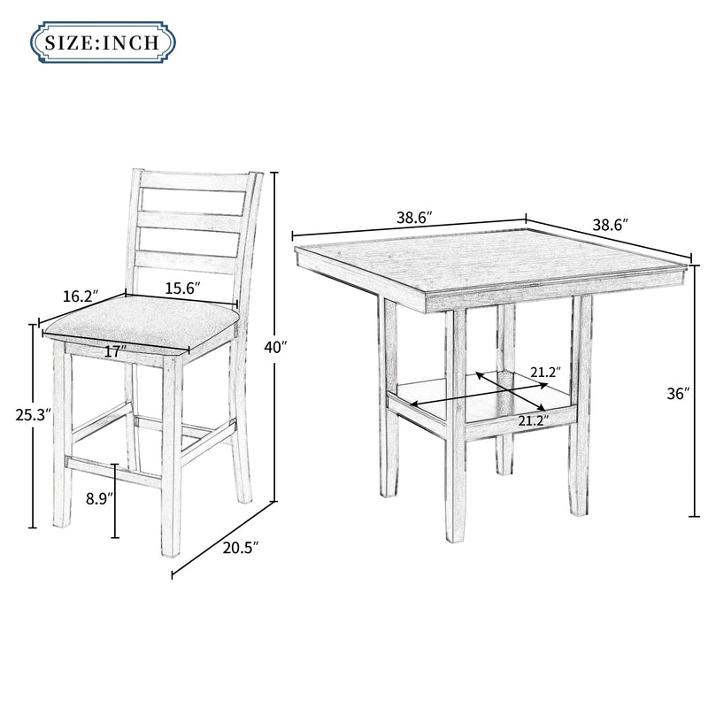 5-Piece Wooden Counter Height Dining Set with Padded Chairs and Storage Shelving, Espresso