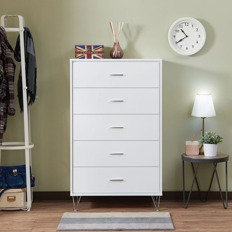 5 Drawers Chest Wood Cabinet with Metal Foots  in White