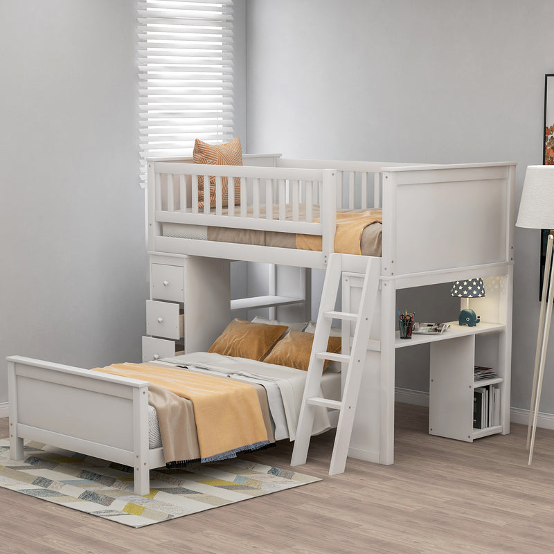 Twin over Twin Bed with Drawers and Shelves for Kids, White,Gray