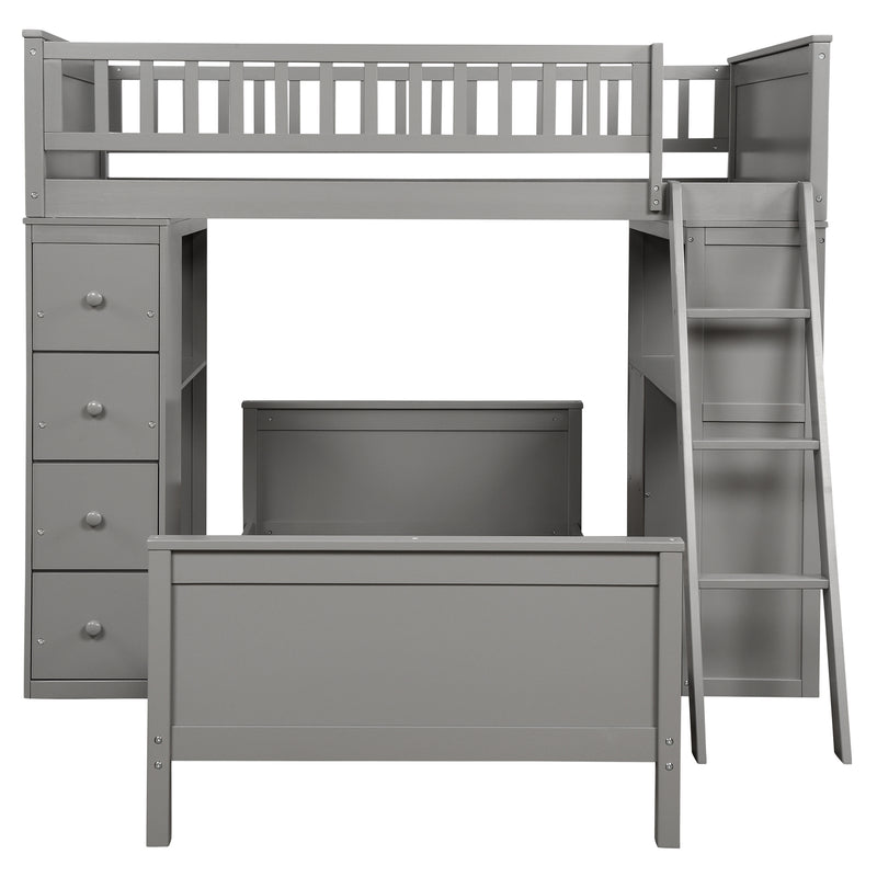 Twin over Twin Bed with Drawers and Shelves for Kids, White,Gray