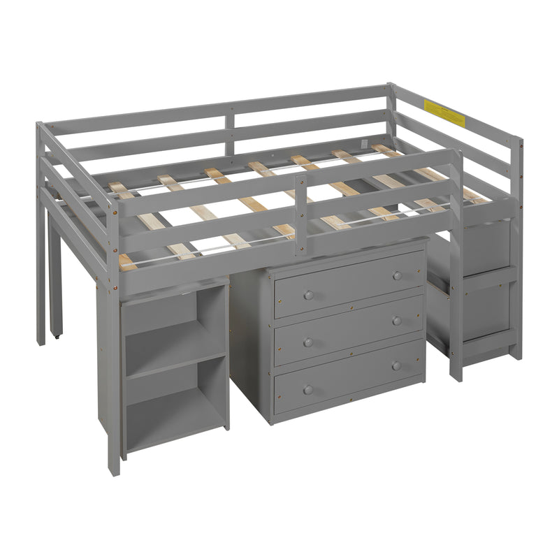 Low Study Twin Loft Bed with Cabinet and Rolling Portable Desk