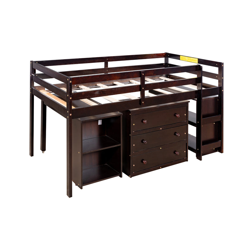 Low Study Twin Loft Bed with Cabinet and Rolling Portable Desk