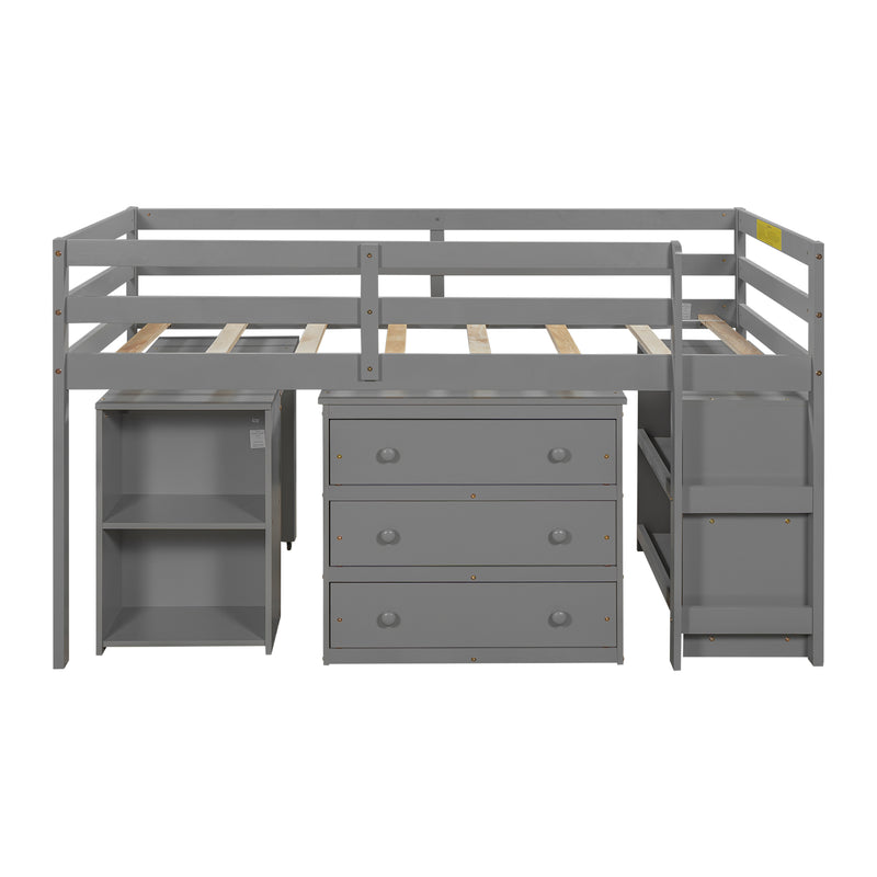 Low Study Twin Loft Bed with Cabinet and Rolling Portable Desk