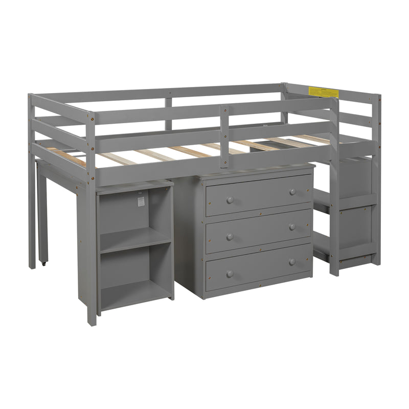 Low Study Twin Loft Bed with Cabinet and Rolling Portable Desk