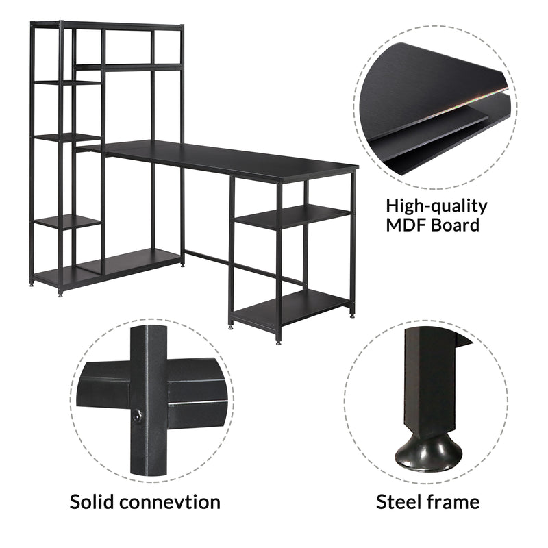 Office Computer desk with multiple storage shelves, Modern Large Office Desk with Bookshelf and storage space