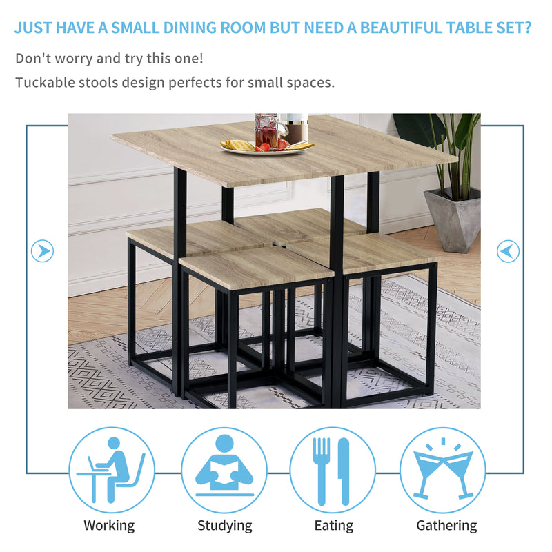 5 Piece Dining Set, Bar Table Set for 4, Bar Table with 4 Bar Stools, Industrial for Kitchen/Living Room/Bar/Restaurant, Oak+Black