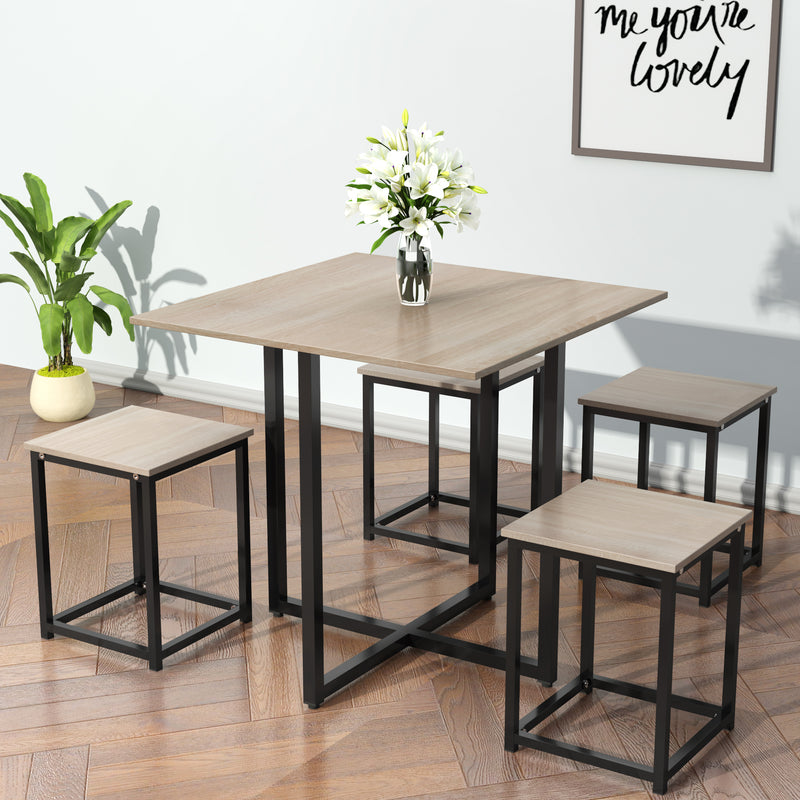 5 Piece Dining Set, Bar Table Set for 4, Bar Table with 4 Bar Stools, Industrial for Kitchen/Living Room/Bar/Restaurant, Oak+Black