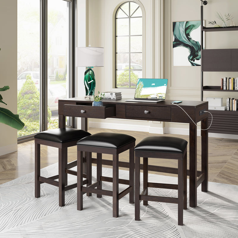 4-Piece Counter Height Table Set with Socket and Leather Padded Stools