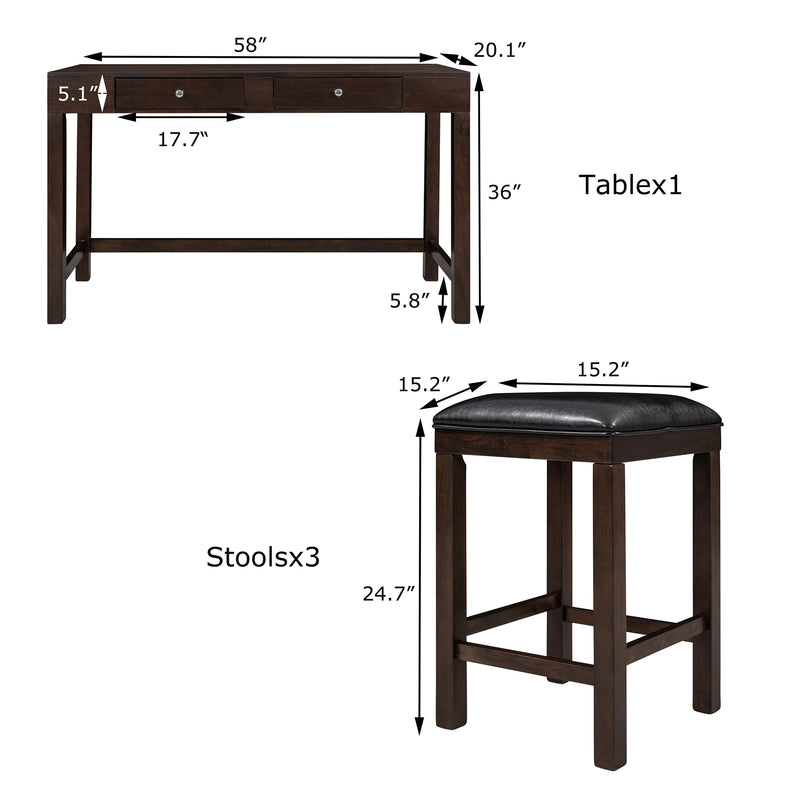 4-Piece Counter Height Table Set with Socket and Leather Padded Stools