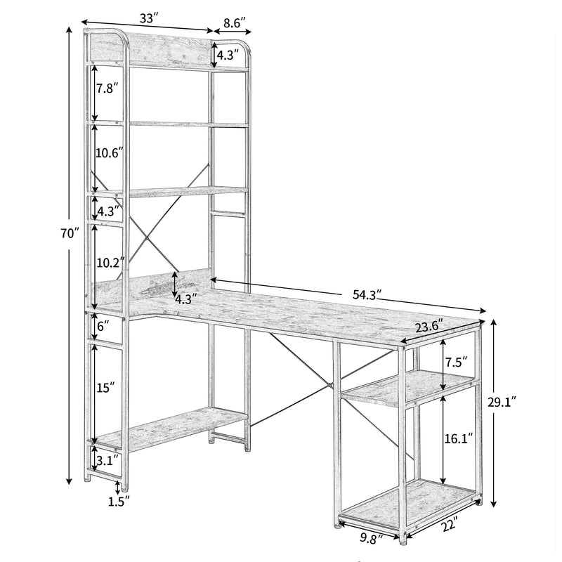 Home Office computer desk——Steel frame and MDF board/5 tier open bookshelf/Plenty storage space