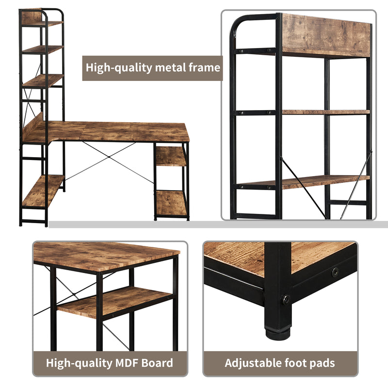 Home Office computer desk——Steel frame and MDF board/5 tier open bookshelf/Plenty storage space