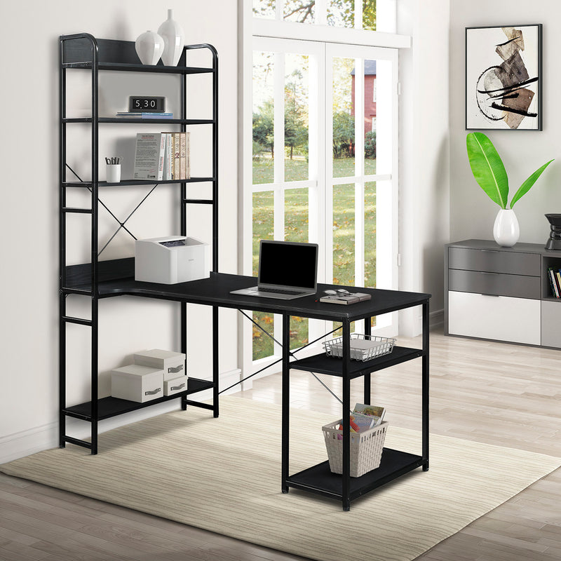 Home Office computer desk——Steel frame and MDF board/5 tier open bookshelf/Plenty storage space