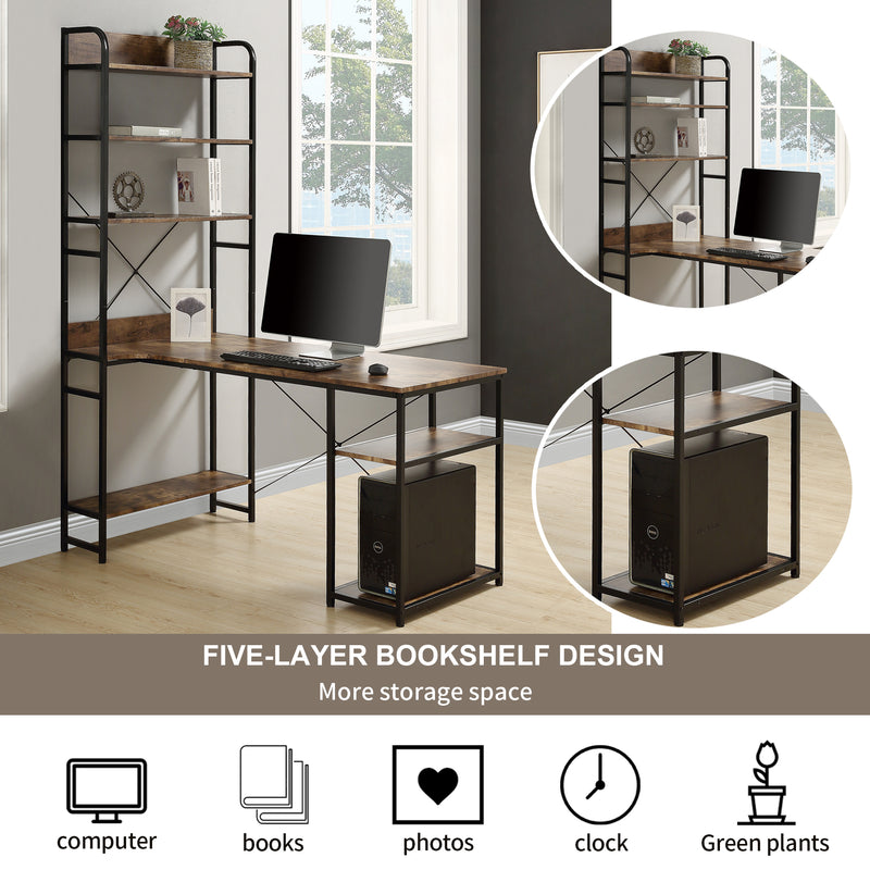 Home Office computer desk——Steel frame and MDF board/5 tier open bookshelf/Plenty storage space