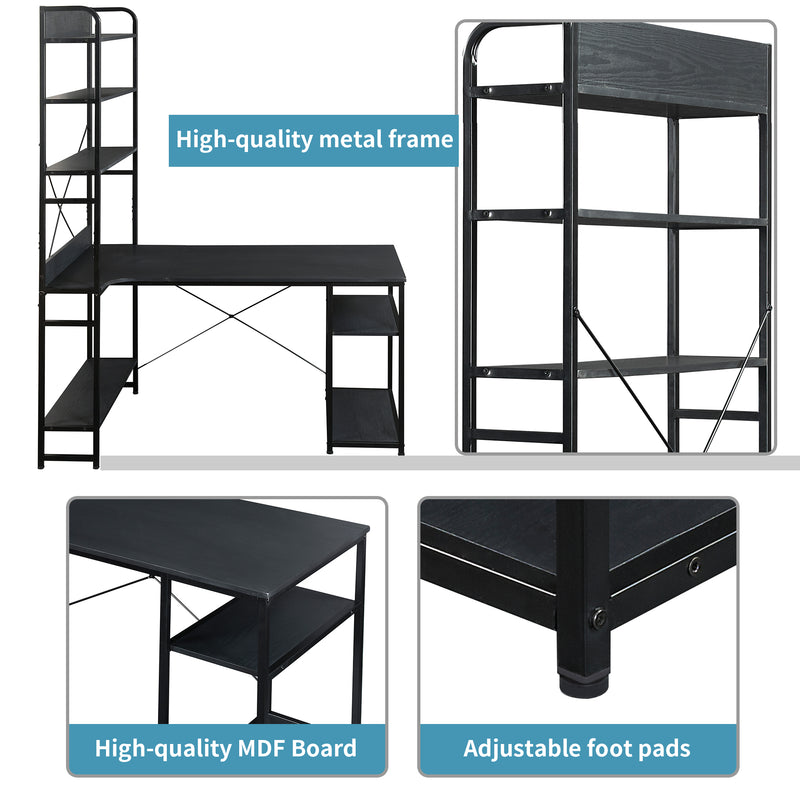 Home Office computer desk——Steel frame and MDF board/5 tier open bookshelf/Plenty storage space