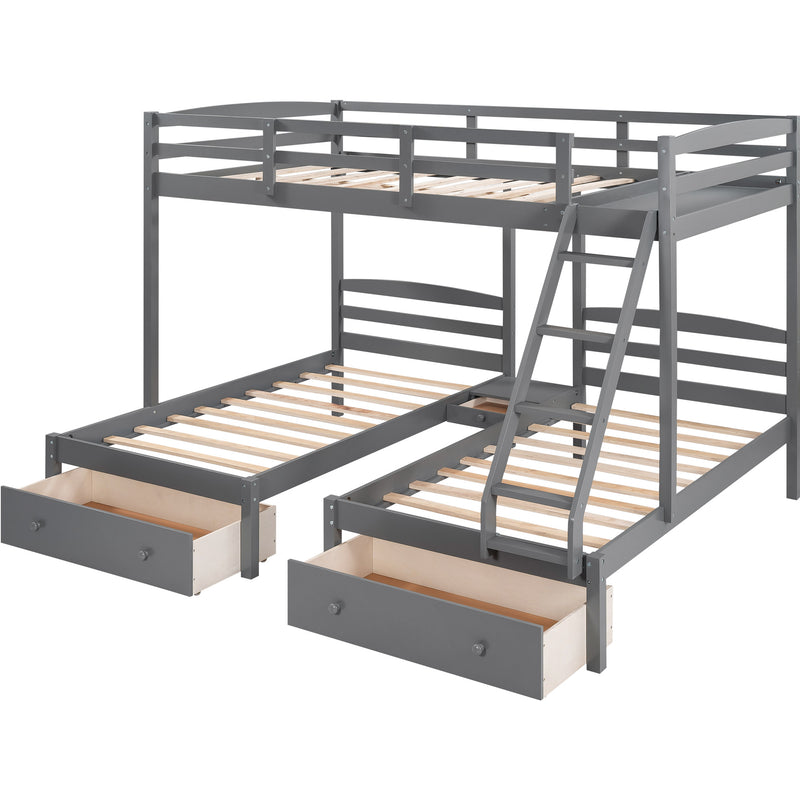 Full over Twin & Twin Bunk Bed,Triple Bunk Bed with Drawers, Gray