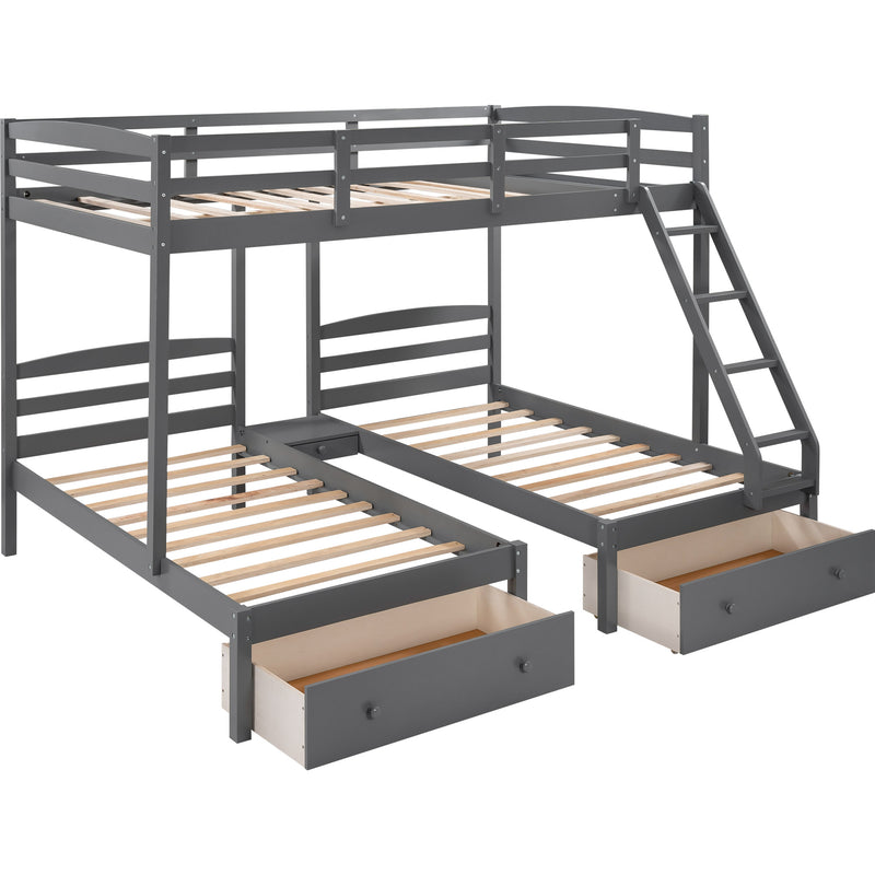 Full over Twin & Twin Bunk Bed,Triple Bunk Bed with Drawers, Gray