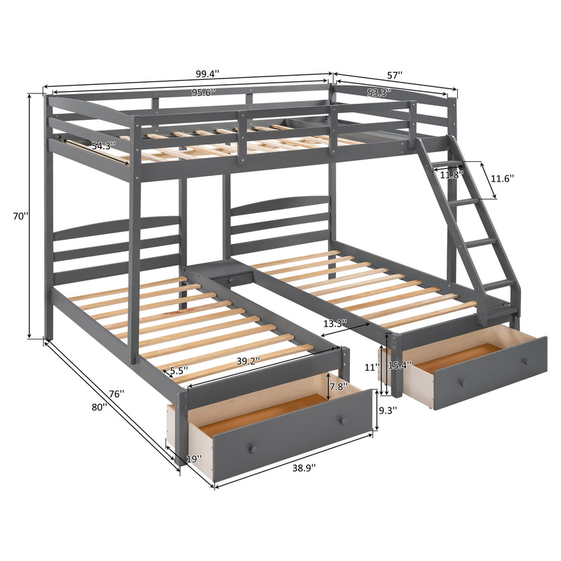 Full over Twin & Twin Bunk Bed,Triple Bunk Bed with Drawers, Gray