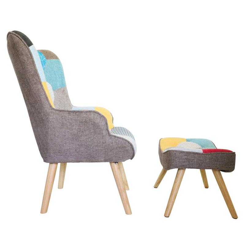 Chair and Ottoman, Accent Chairs for Bedroom, Modern Colourful and Patchwork Reading Chair with Solid Wood Legs, Linen Fabric Napping Armchair for Living Room