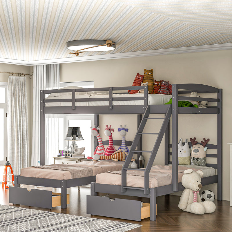 Full over Twin & Twin Bunk Bed,Triple Bunk Bed with Drawers, Gray