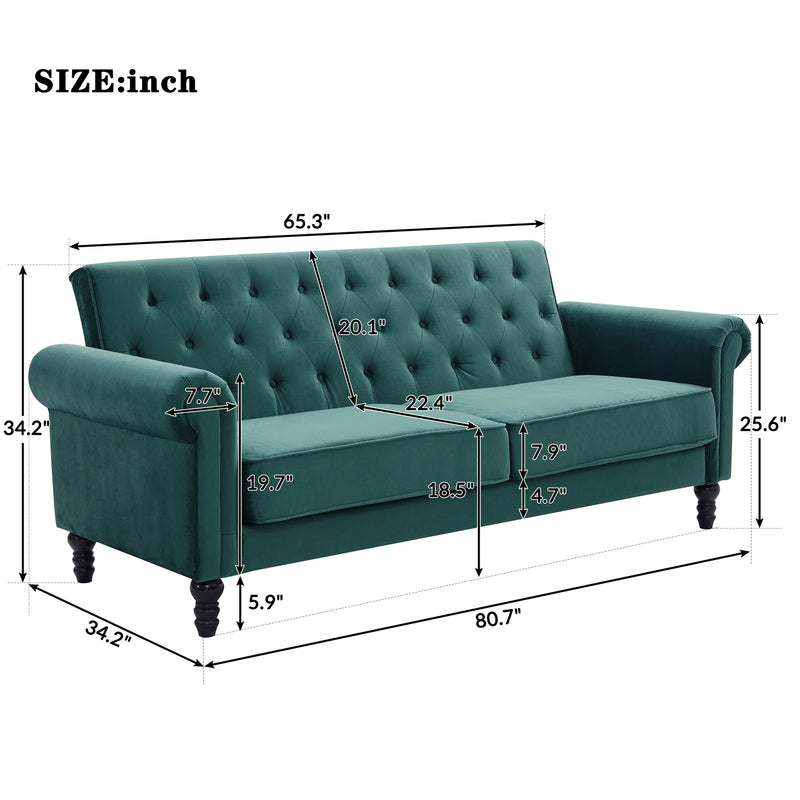 Classic Sofa Couch, Mid-Century Upholstered Velvet Fabric Tufted Sofa with Scroll Arms for Living Room, Bedroom, Apartment