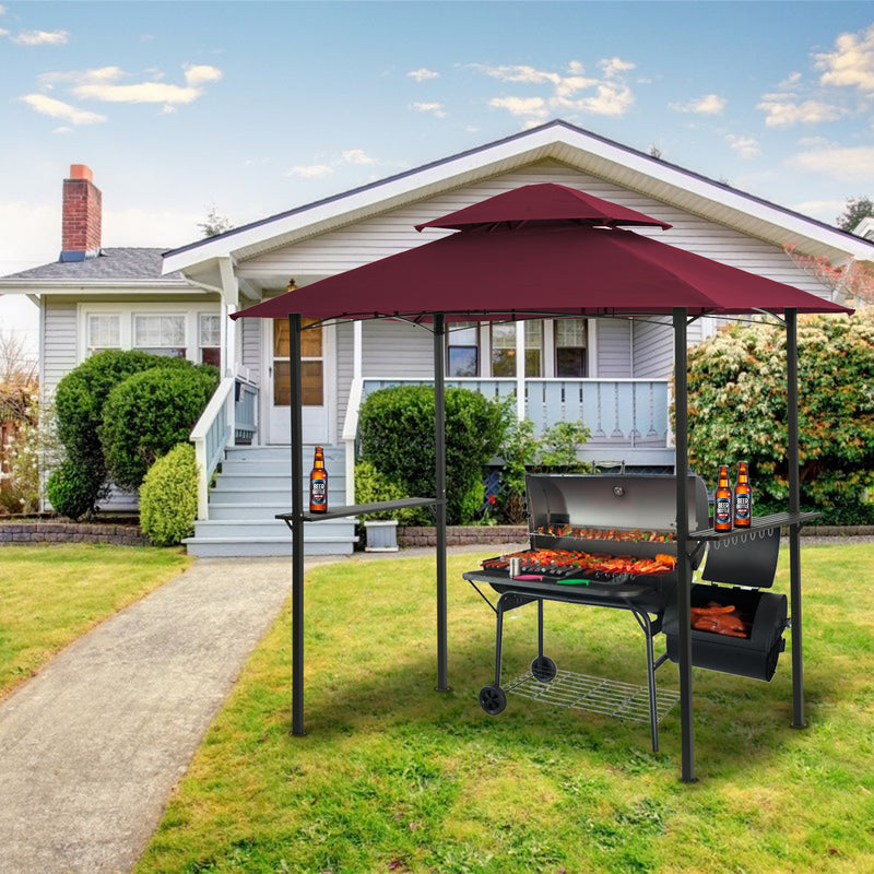 Outdoor Grill Gazebo With Light, 8 x 5 Ft Shelter Tent, Double Tier Soft Top Canopy And Steel Frame With Hook And Bar Counters, Burgundy