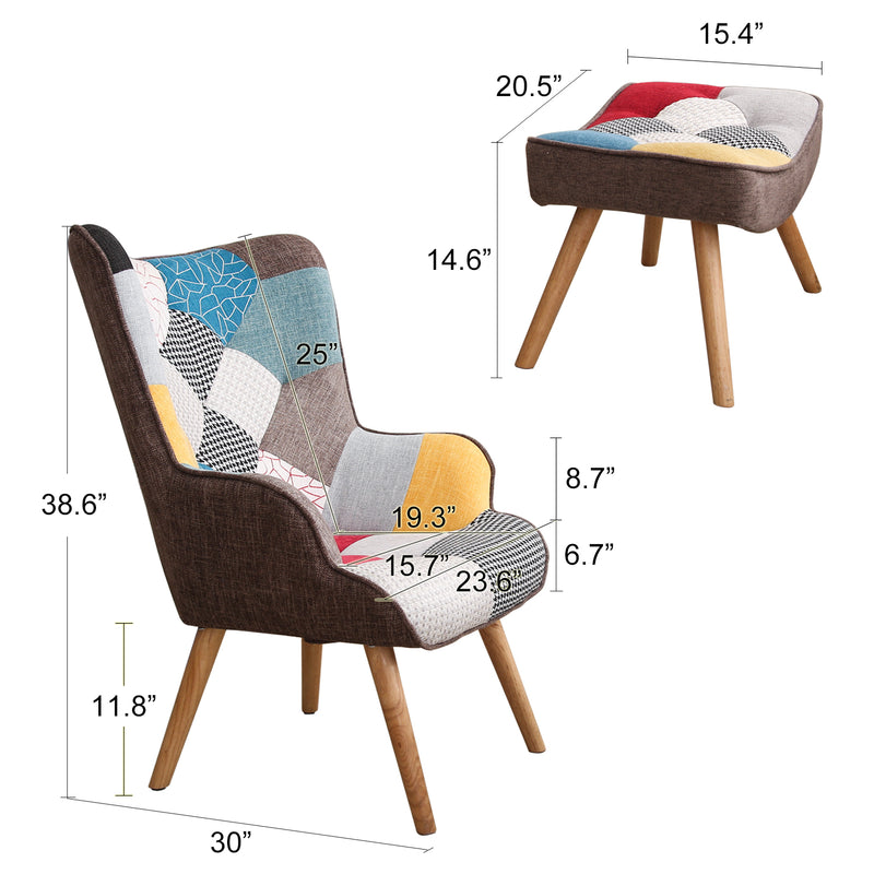 Chair and Ottoman, Accent Chairs for Bedroom, Modern Colourful and Patchwork Reading Chair with Solid Wood Legs, Linen Fabric Napping Armchair for Living Room