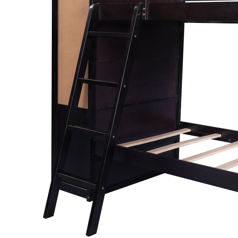 Wood Twin Over Twin Bunk Bed with Bookcase and Ladder, Multi-Functional Combination of Bunk Bed