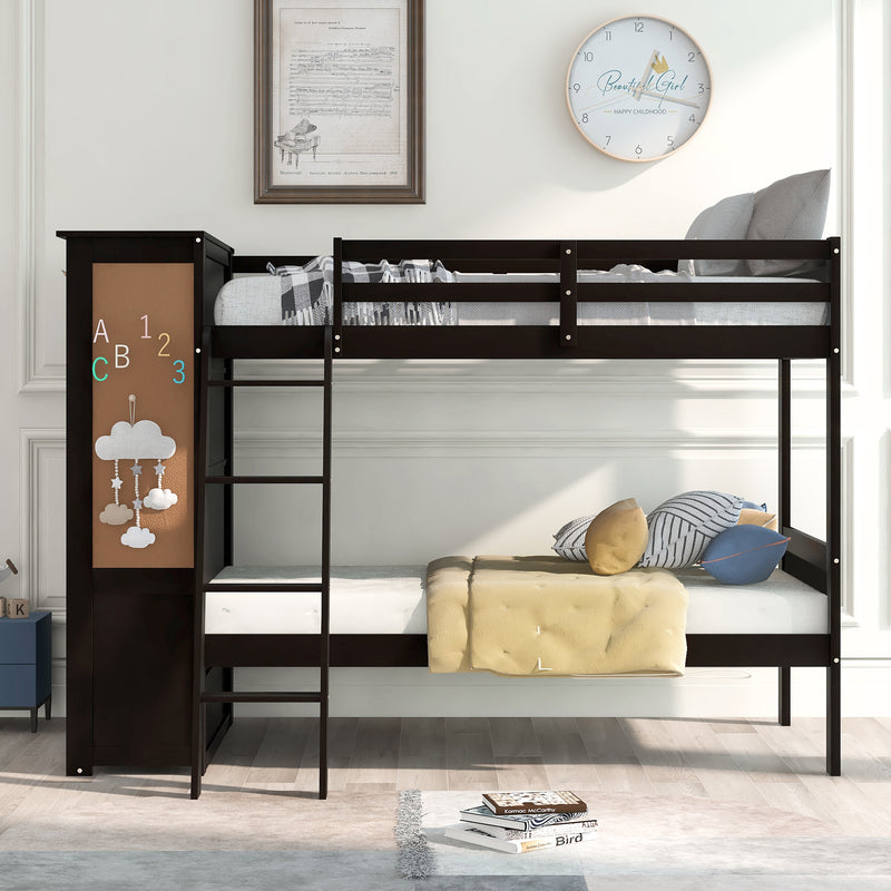 Wood Twin Over Twin Bunk Bed with Bookcase and Ladder, Multi-Functional Combination of Bunk Bed