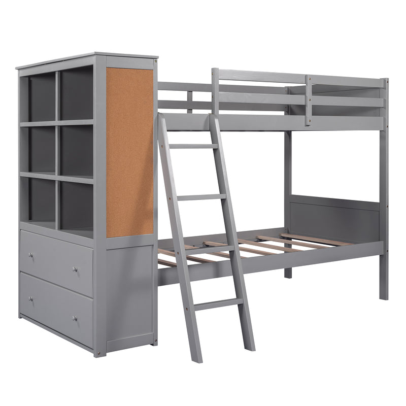 Wood Twin Over Twin Bunk Bed with Bookcase and Ladder, Multi-Functional Combination of Bunk Bed