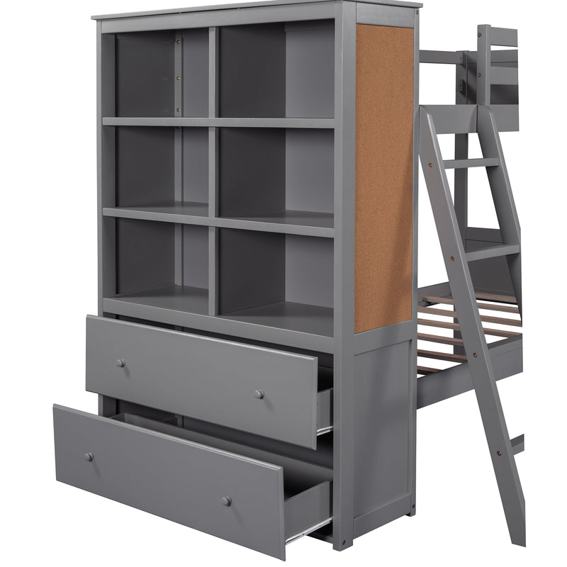 Wood Twin Over Twin Bunk Bed with Bookcase and Ladder, Multi-Functional Combination of Bunk Bed