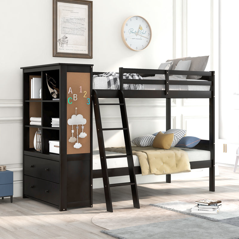 Wood Twin Over Twin Bunk Bed with Bookcase and Ladder, Multi-Functional Combination of Bunk Bed