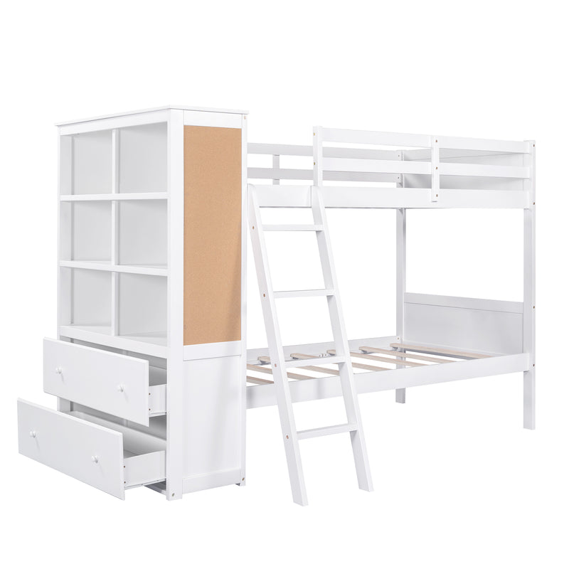 Wood Twin Over Twin Bunk Bed with Bookcase and Ladder, Multi-Functional Combination of Bunk Bed