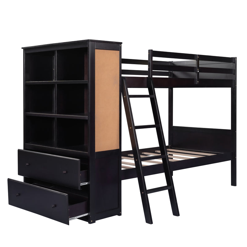 Wood Twin Over Twin Bunk Bed with Bookcase and Ladder, Multi-Functional Combination of Bunk Bed