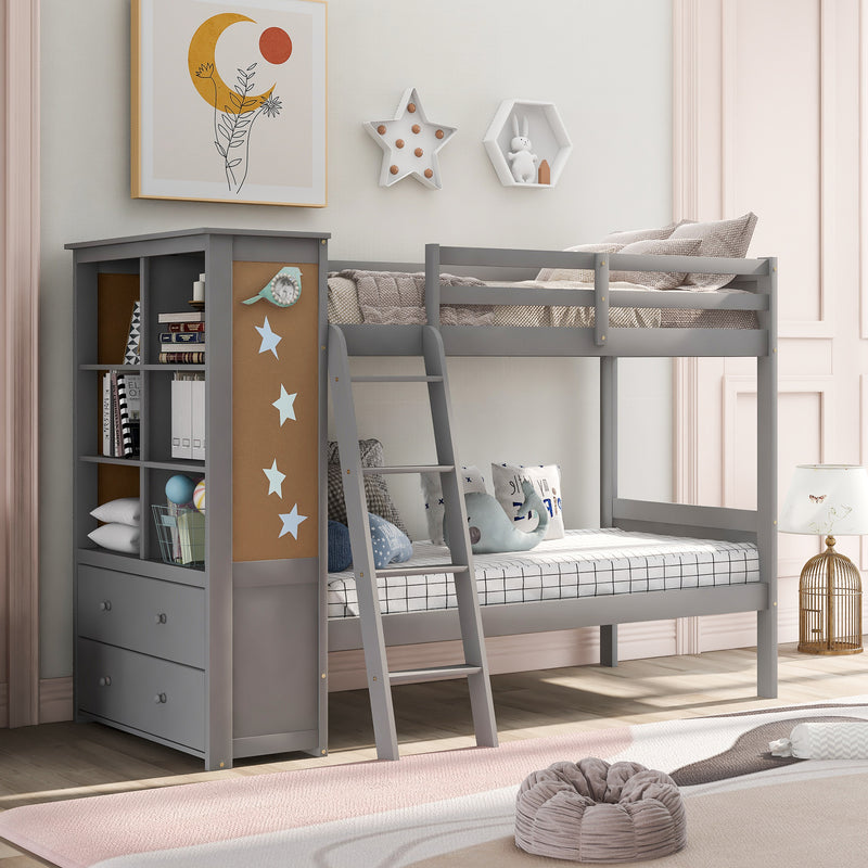 Wood Twin Over Twin Bunk Bed with Bookcase and Ladder, Multi-Functional Combination of Bunk Bed