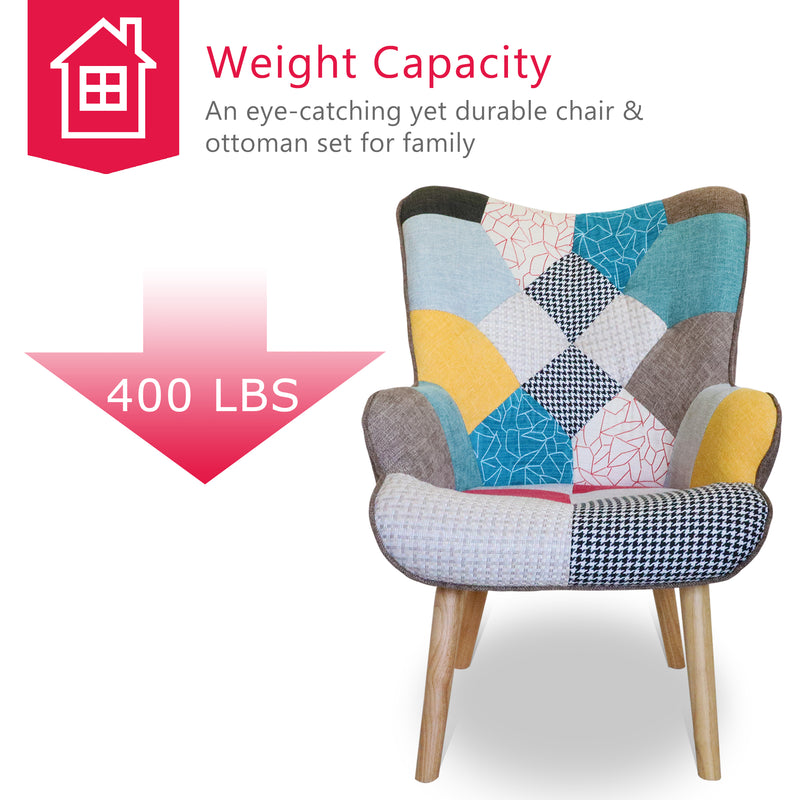 Chair and Ottoman, Accent Chairs for Bedroom, Modern Colourful and Patchwork Reading Chair with Solid Wood Legs, Linen Fabric Napping Armchair for Living Room