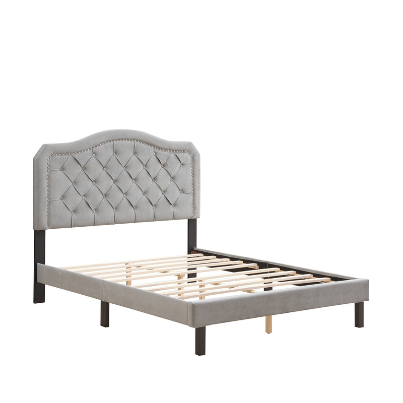 Upholstered Bed Button Tufted with Curve Design - Strong Wood Slat Support - Easy Assembly - Gray Velvet - platform bed - Queen