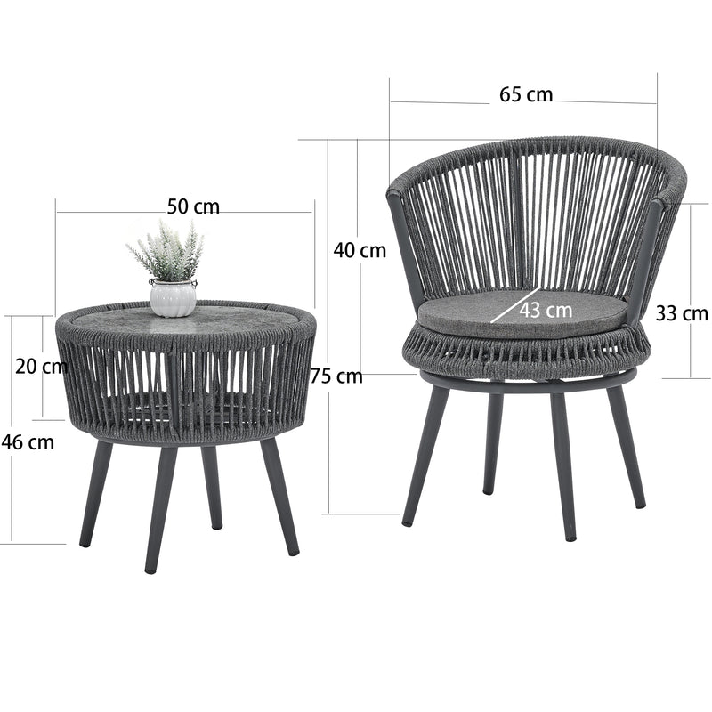 Modern outdoor table and chair woven-belt rope wicker hand-make weaving furniture Swivel Rope Chair 3PCS Rattan Chair