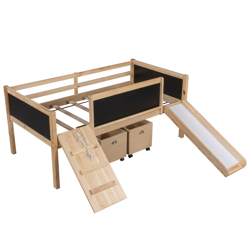 Twin size Loft Bed Wood Bed with Two Storage Boxes