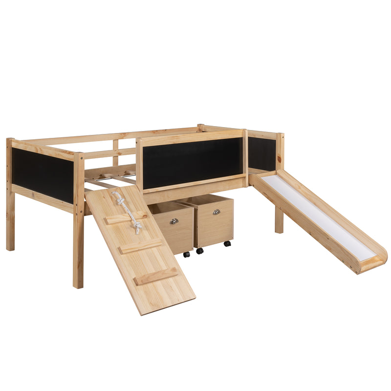 Twin size Loft Bed Wood Bed with Two Storage Boxes