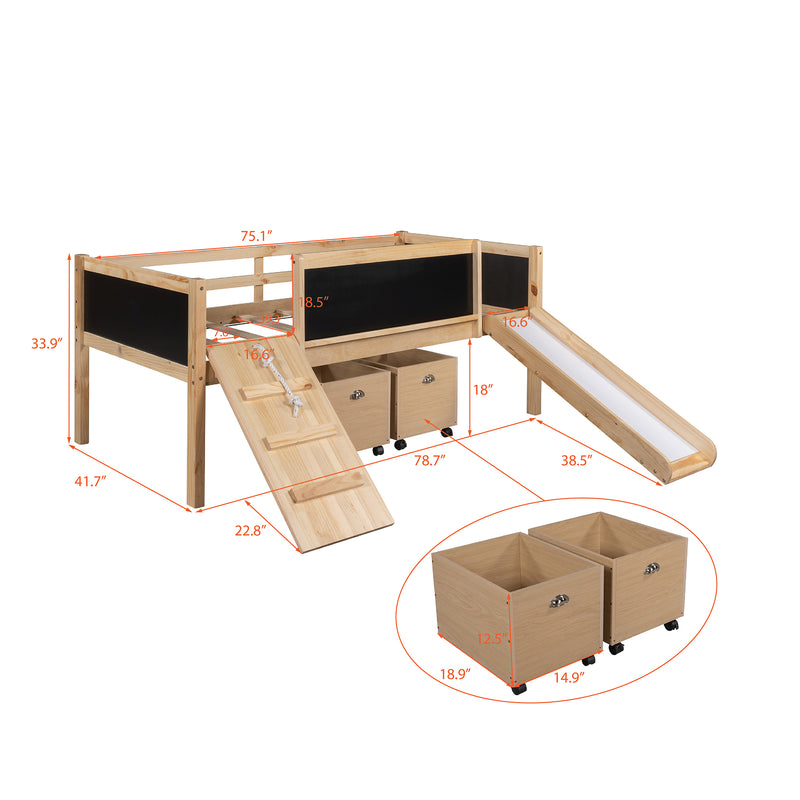 Twin size Loft Bed Wood Bed with Two Storage Boxes