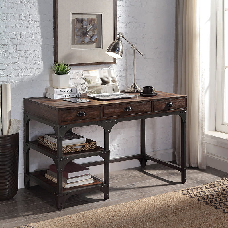 Writing Desk, Espresso Oak Finish & Antique Black Metal