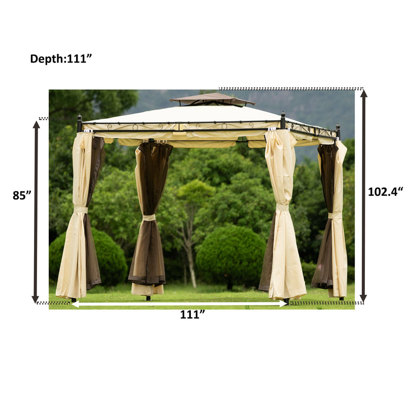 9.3ft.Lx9.3ft. WOutdoor Patio Gazebo with Mosquito nets and Polyester Curtains, Double Roofs for Decks, Poolsides, Gardens, Beige