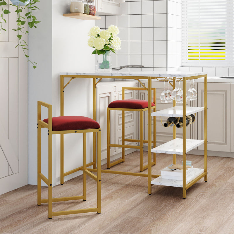 Counter Height 3-piece Bar Dining Table Set with 2 Upholstered Bar Stools/Chairs, 4 Glass Holders,2 Wine Racks and 3 Open Storage Shelves for Small Places, Faux Marble White+Golden Finish