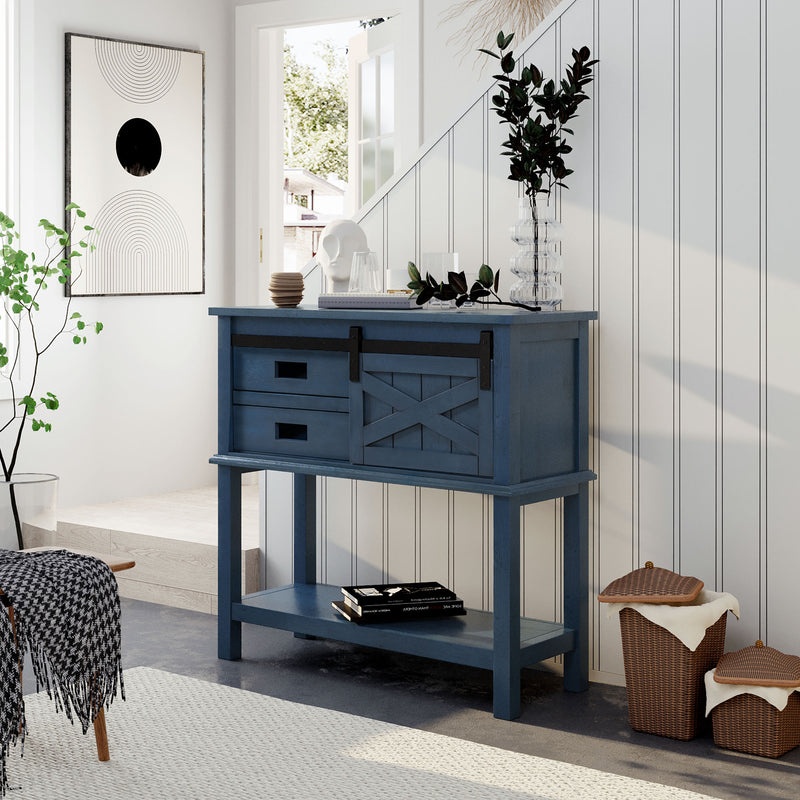 Classic Farmhouse Style Pine Wood Console Table with Sliding Barn Door and Two Drawers One Cabinet Open Style Shelf (Navy)