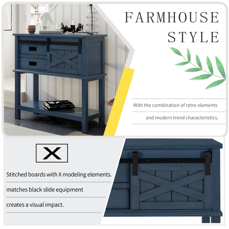 Classic Farmhouse Style Pine Wood Console Table with Sliding Barn Door and Two Drawers One Cabinet Open Style Shelf (Navy)