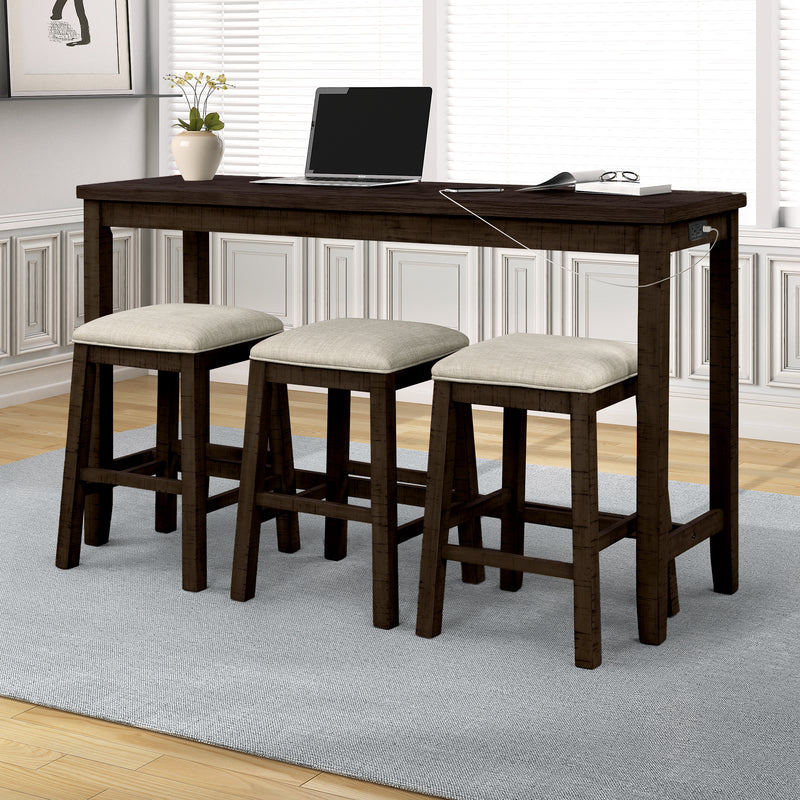 4 Pieces Counter Height Table with Fabric Padded Stools,Rustic Bar Dining Set with Socket